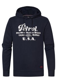 Navyblauwe hoodie van katoen, met een grafische print aan de voorkant met tekst. Bevat een trekkoordcapuchon en ribgebreide manchetten en zoom.