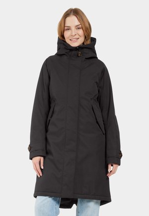 Black, long parka with a hood, featuring a zip front closure, side pockets, and buttoned cuffs. Made of textured, weather-resistant fabric.