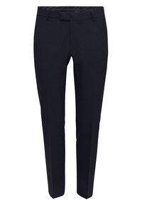 Marinblå byxor med smal passform, slät tyg, bälteshällor och en ren fåll. Inga synliga mönster eller dekorationer.