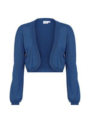 Mėlynas trumpas kardiganas su ilgomis pūstomis rankovėmis, pagamintas iš minkštos trikotažo medžiagos. Savybė - raištinė apykaklė ir atviros priekinės dalies dizainas.
