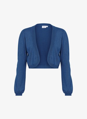 Mėlynas trumpas kardiganas su ilgomis pūstomis rankovėmis, pagamintas iš minkštos trikotažo medžiagos. Savybė - raištinė apykaklė ir atviros priekinės dalies dizainas.