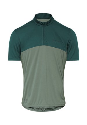 Tweekleurig groen fietsshirt met korte mouwen, een hoge kraag en een ritssluiting aan de voorkant, voorzien van subtiele branding op de borst en de onderzoom.
