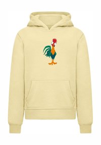 Hanorac galben cu buzunar tip cangur, prezentând un grafic colorat de cocoș pe față. Material moale și manșete ribbate la mâneci.