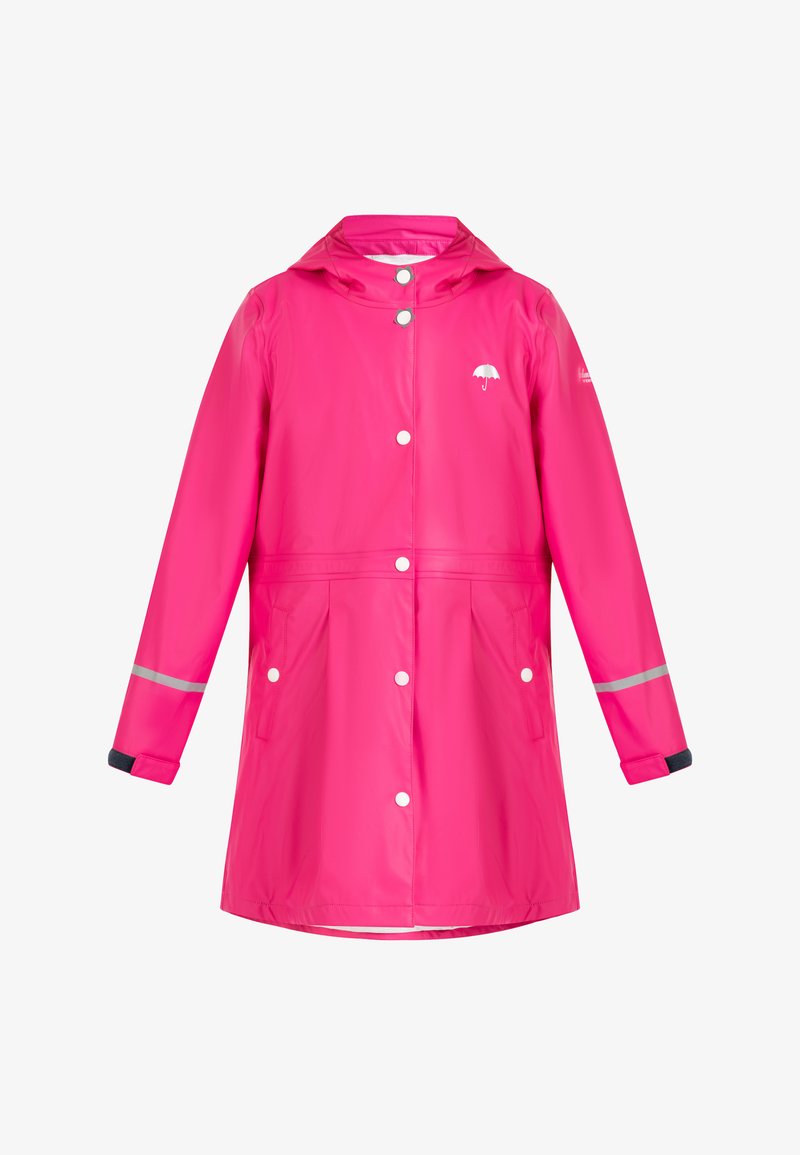 Rosa vattentät regnjacka med huva, tryckknappar, framfickor, reflexband på ärmarna och en liten paraplylogotyp.
