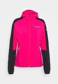 Veste femme rose vif avec manches et épaules noires, fermeture éclair devant, poches latérales et capuche, avec logos Vaude sur la poitrine et la manche.