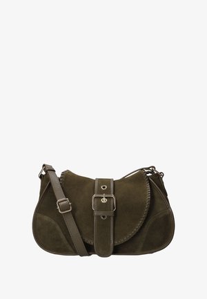 Olive green suede shoulder bag with a rounded shape, decorative stitching, and a front buckle strap detail. Adjustable strap included.