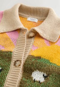 Bunter gestrickter Pullover mit beigem Kragen, Mustern in Orange, Pink und Gelb, grünem Unterteil mit Schafmotiv und Knopfverschluss.