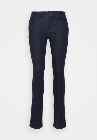 Tummansininen farkkukangas, jossa on slim fit -malli, viisi taskua, vyölenkit ja nappisuljenta. Sileä pinta, jossa on kontrastiväriset ompeleet.