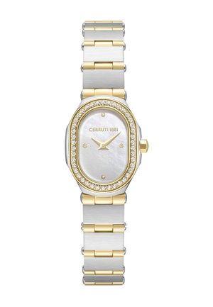 Zegarek na rękę Cerruti 1881 w tonacji złota i srebra, z owalną białą tarczą z masy perłowej, kryształowym pierścieniem i złotymi znacznikami godzin oraz wskazówkami.