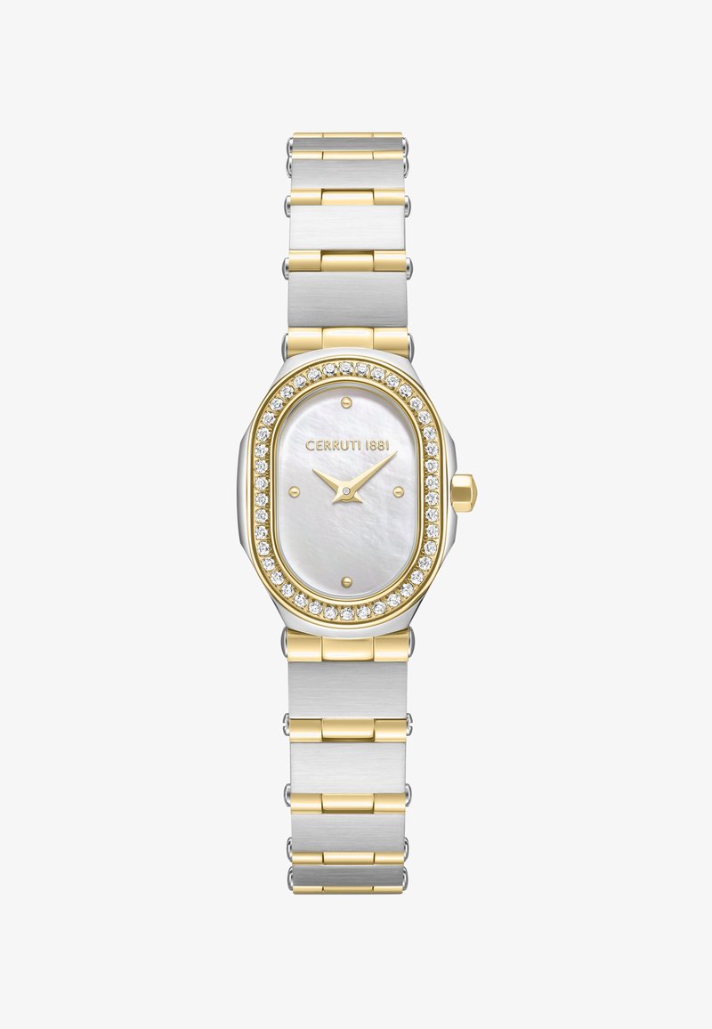 Reloj de pulsera Cerruti 1881 en tono dorado y plateado con esfera ovalada de nácar blanco, bisel de cristal y marcadores y manecillas de hora dorados.