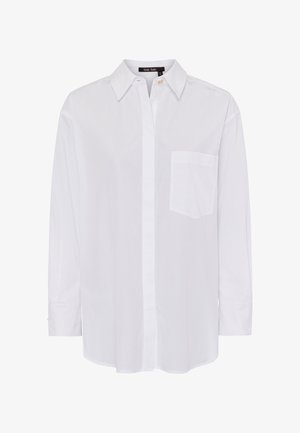 Weißes Hemd mit Knopfleiste aus glattem Stoff. Es hat einen klassischen Kragen, lange Ärmel, eine einzelne Brusttasche und dezente goldene Akzente an den Knöpfen.