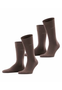 Braune Baumwollsocken, knielang, mit glatter Textur und einem gerippten Bündchen. Verfügt über ein kleines Markenlogo in Gold nahe der Spitze. Viererpack.