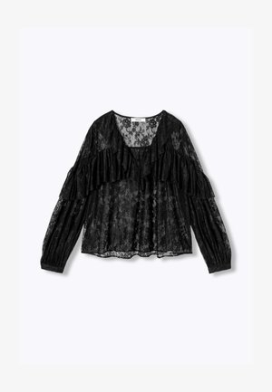 Haut en dentelle noire avec manches longues, accents à volants, encolure en V et texture transparente, doté d'une coupe ample et fluide.