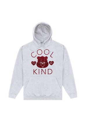 Šedá mikina z měkké látky, s přední kapsou a kapucí na šňůrku. Text "COOL TO BE KIND" v červeném třpytu s grafikou medvěda.