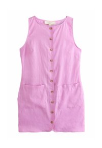 Rosa Leinenkleid mit Rundhalsausschnitt, ärmellosem Design, vorderer Knopfleiste und zwei großen Taschen. Strukturierter Stoff sorgt für Dimension.