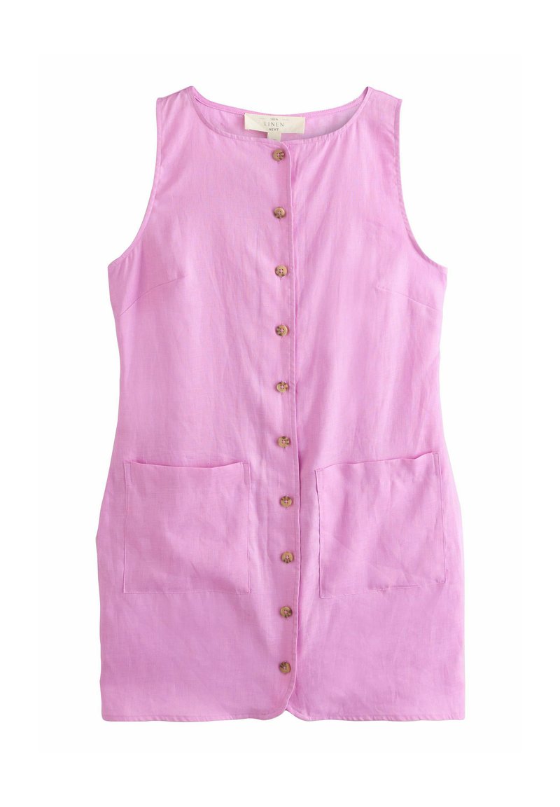 Rosa Leinenkleid mit Rundhalsausschnitt, ärmellosem Design, vorderer Knopfleiste und zwei großen Taschen. Strukturierter Stoff sorgt für Dimension.