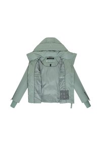 Gevoerde jas in lichtgroen, met een capuchon, ritszakken, geribde manchetten en een gladde binnenzijde met verzorgingsinstructies op een label.