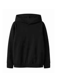 Schwarzer Langarm-Hoodie mit einem frontfreien Design, gerippten Bündchen und Saum sowie einer großen angesetzten Kapuze, präsentiert auf einem weißen Hintergrund.