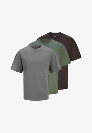 Drie t-shirts met korte mouwen in grijs, groen en donkerbruin. Gemaakt van katoen, met ronde hals en een ontspannen fit.