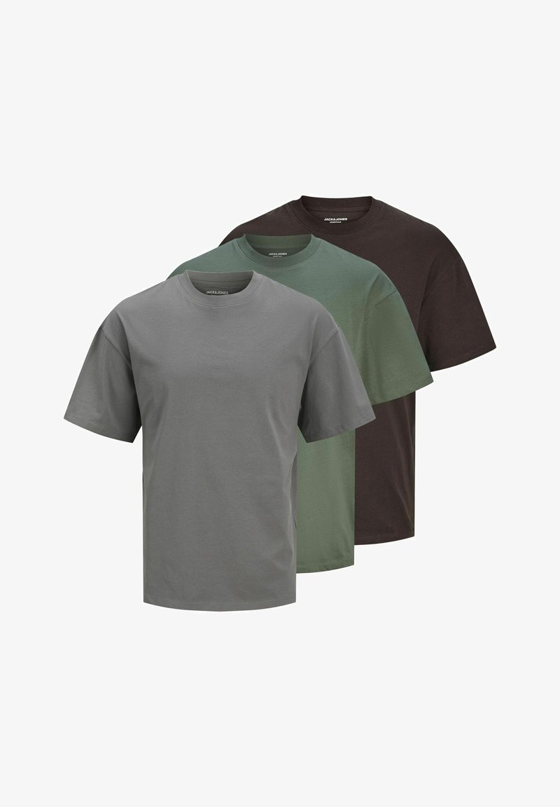 Three short-sleeve t-shirts in gray, green, and dark brown. Made of cotton, featuring crew necks and a relaxed fit.