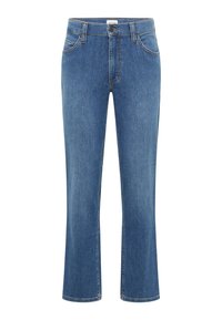 Niebieskie dżinsy o prostym kroju, z przednimi kieszeniami, zamkiem błyskawicznym oraz kontrastowym pomarańczowym przeszyciem wzdłuż szwów.