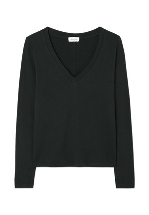Čierny dlhý rukáv top s hlbokým výstrihom do V. Vyrobený z hladkej tkaniny s priliehavým strihom a prešitými detailmi pozdĺž výstrihu a lemu.