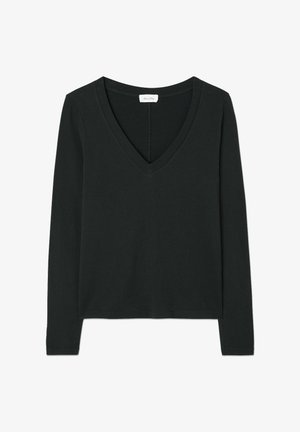 Črna dolga majica s dolgimi rokavi in globokim V-izrezom. Izdelana iz gladkega materiala z oprijetim dizajnom in prišitimi detajli ob izrezu in robovih.