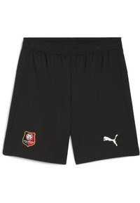 Pantalones cortos deportivos negros hechos de tejido suave. Con una cinturilla elástica, bolsillos laterales, un logo blanco de Puma y un escudo del club Stade Rennais.