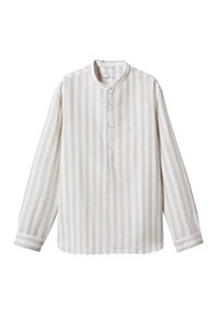 Camicia leggera a righe in crema e beige, con colletto rotondo, chiusura a bottoni e maniche lunghe con dettagli sui polsini.