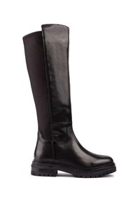 Knee-high black boots featuring a combination of smooth leather and fabric upper, textured rubber sole, and chunky heel for added grip.