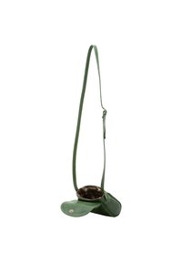 Borsa a tracolla verde in pelle con chiusura a patta e tracolla regolabile; l'interno presenta un motivo a scacchi.