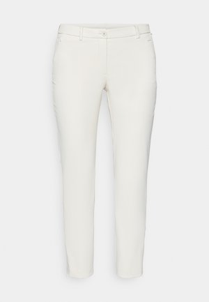 Pantalones ajustados blancos de una tela suave, con cierre de botón, dos bolsillos frontales y un sutil acento de logo cerca de la cintura.