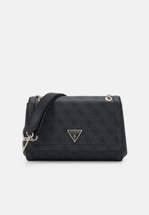 Geantă de umăr neagră, realizată din material sintetic texturat, având accesorii de bronz și un plăcuță logo în formă de triunghi. Design elegant cu închidere tip clapetă.