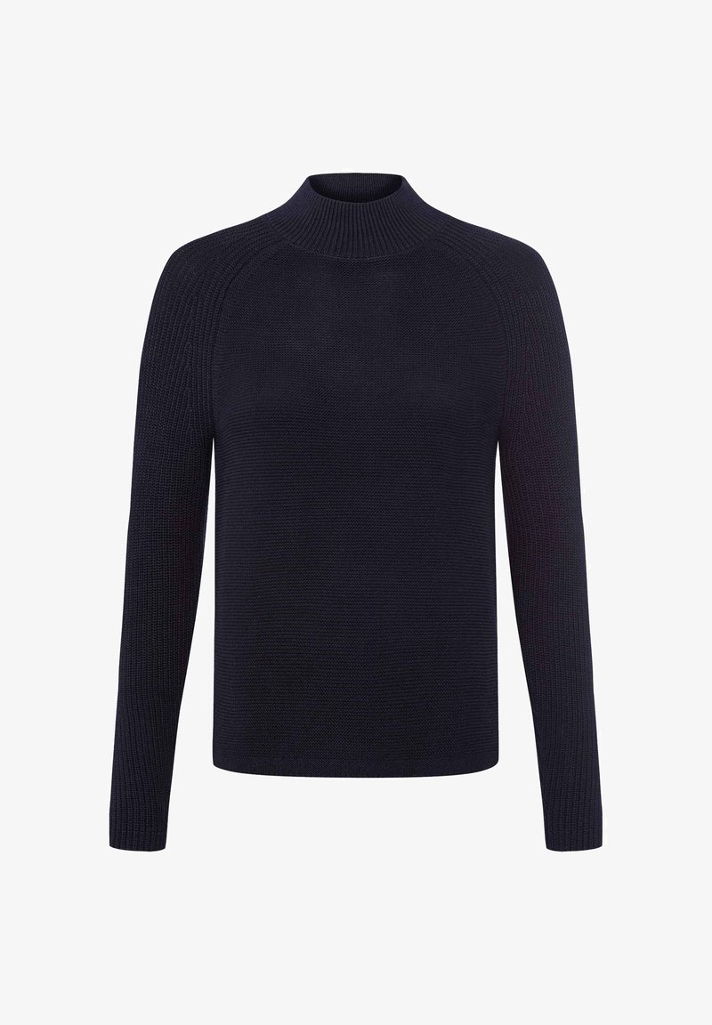 Granatowy sweter z dzianiny z długimi rękawami i wysokim kołnierzem, o prążkowanej fakturze i dopasowanym kroju.
