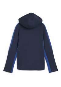 Felpa con cappuccio blu navy con pannelli laterali blu. Tessuto morbido, maniche lunghe e vestibilità standard. Presenta una tasca a marsupio sul davanti.