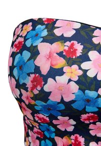Bloemmotief stof in tinten roze, blauw en rood, tegen een donkere marine achtergrond; rekbaar, aansluitend ontwerp met een gladde textuur.