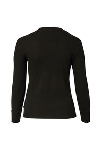 Schwarzes, langärmeliges, geripptes Oberteil mit rundem Ausschnitt. Verfügt über enganliegende Ärmel und eine glatte Textur, gestaltet für eine enge Passform.