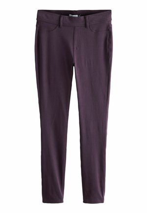 Pantaloni violet, cu croi slim-fit, având o textură netedă, dotati cu două buzunare frontale și un tiv. Țesătura pare elastică și se mulează pe corp.