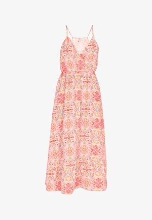 Rochie maxi cu bretele subțiri, cu un model floral roz și portocaliu, design înfășurat și talie strânsă pentru o potrivire lejeră.