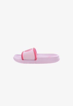 Pink slide sandal with a chunky sole, a wide foot strap featuring a logo, and a textured finish on both the strap and the footbed.