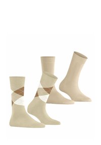 Quattro coppie di calze esposte: due coppie solide beige e una coppia con motivo a diamante in beige, bianco e rosa.