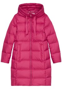 Abrigo acolchado de color rosa brillante con un cuello alto, cremallera de longitud completa y dos bolsillos frontales. Tejido liso y brillante con paneles cosidos.