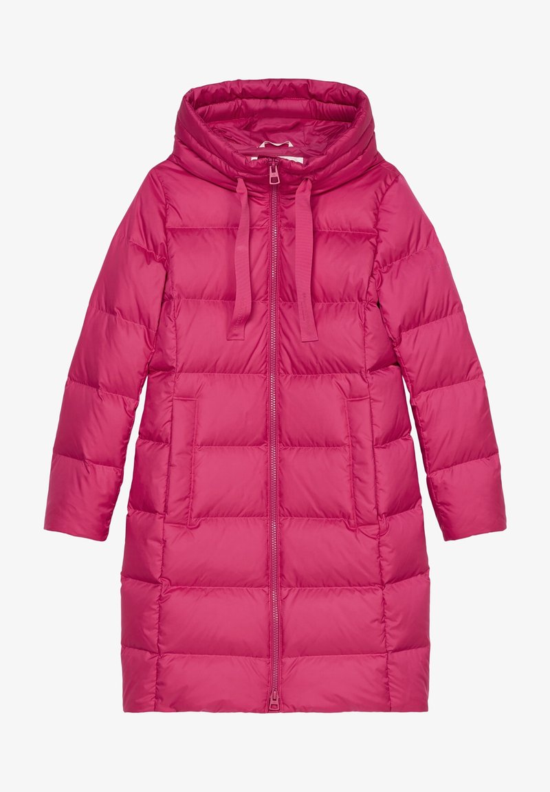 Abrigo acolchado de color rosa brillante con un cuello alto, cremallera de longitud completa y dos bolsillos frontales. Tejido liso y brillante con paneles cosidos.