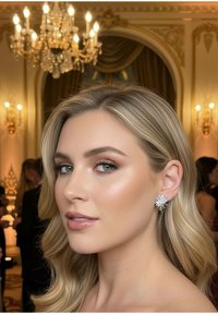 Hopeanväriset lumihiutale-korvakorut, joissa on teksturoidut piikit. Korvakoruja käyttää pitkät, aaltoilevat vaaleat hiukset omaava henkilö, taustalla on tyylikäs ympäristö.