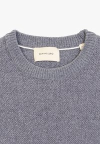 Grauer Strickpullover mit einem gerippten Rundhalsausschnitt und texturiertem Stoff. Das Etikett trägt die Aufschrift "Gianni Lupo". Einfaches, vielseitiges Design mit einem gemütlichen Aussehen.