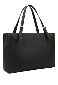 Zwarte leren totebag met een gladde textuur, rechthoekige vorm, dubbele schouderriemen en metallic hardware accenten.