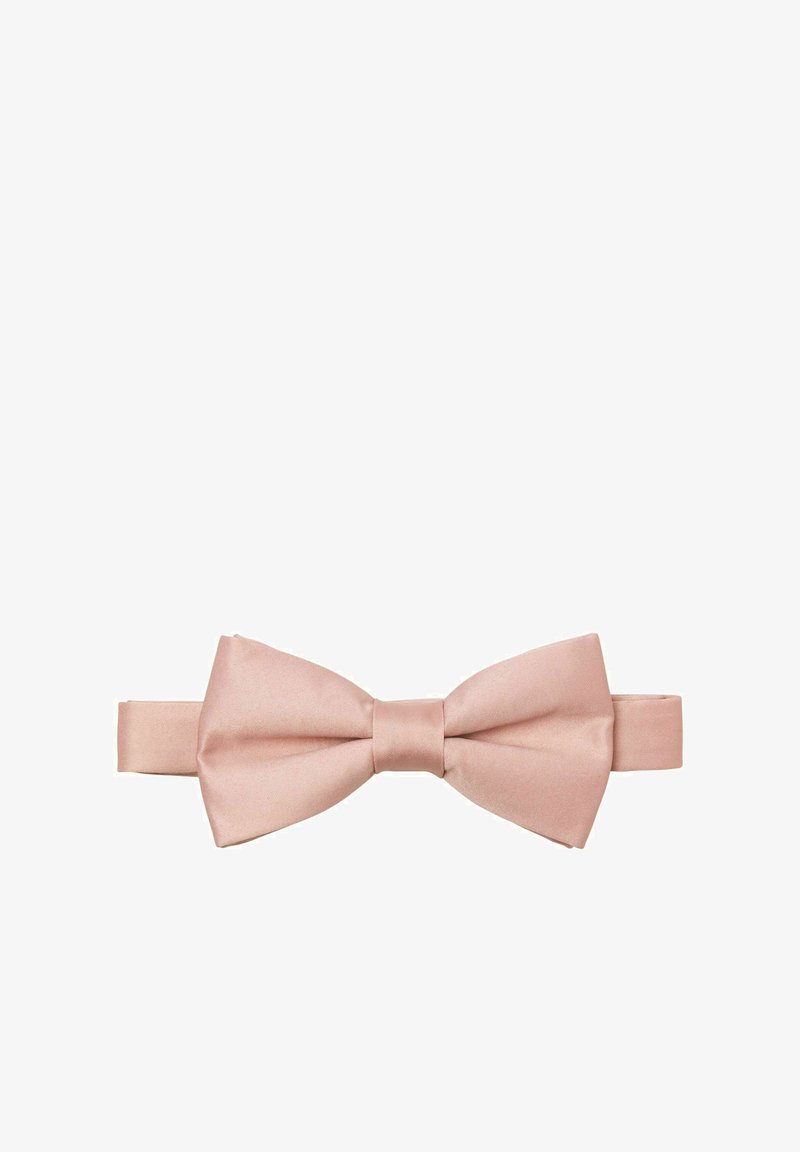 Papillon in satin rosa pallido con una texture liscia, caratterizzato da un nodo centrale e punte che si estendono da entrambi i lati per una vestibilità regolabile.