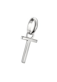 Pendente in argento a forma di "T" con una finitura lucida. Presenta un anello rotondo per il fissaggio, bordi lisci e un design elegante.