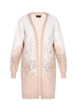Pitkähihaine cardigan vaaleanpunaisessa gradientissa. Pehmeä neulemateriaali, jossa on paljettikoristeita, avonainen etuosa ja ribbireunat hihoissa ja helmassa.