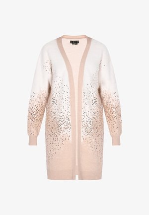 Dlhý svetr s dlhým rukávom v jemnej ružovej gradientnej farbe. Mäkko pletený materiál so trblietavými akcentmi, otvorený predný diel a rebrované manžety a lem.